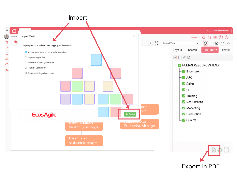 Importing data into the org chart and exporting it to PDF