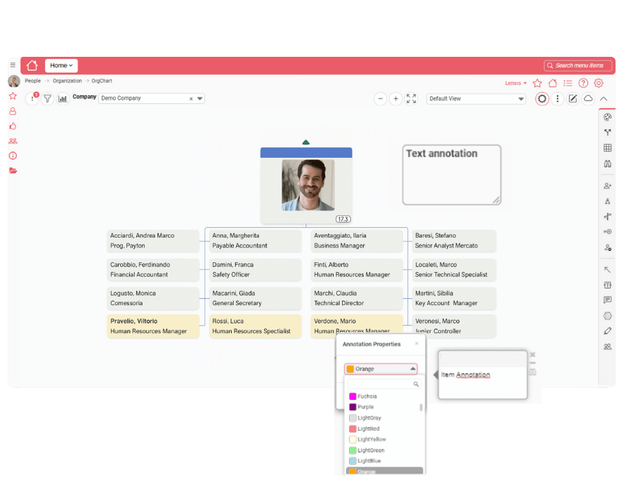 Org chart directory view with a text annotation on a box